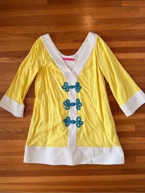 BURU Yellow Mini caftan with White Trim and Teal Accents